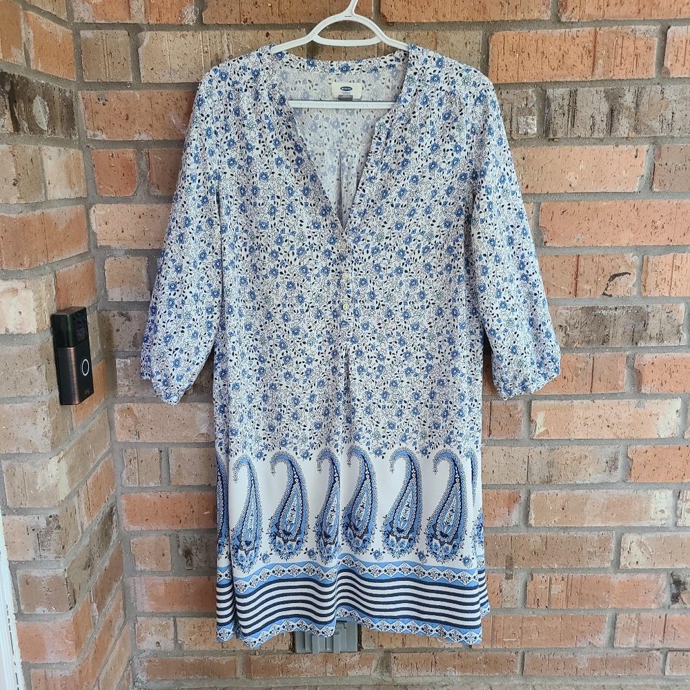 2/$8🎈Old Navy Women's Shirt Dress 3/4 Sleeves Knee Length Blue White Size L